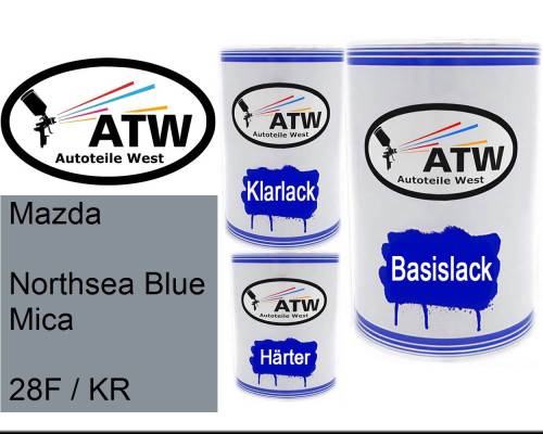 Mazda, Northsea Blue Mica, 28F / KR: 500ml Lackdose + 500ml Klarlack + 250ml Härter - Set, von ATW Autoteile West.